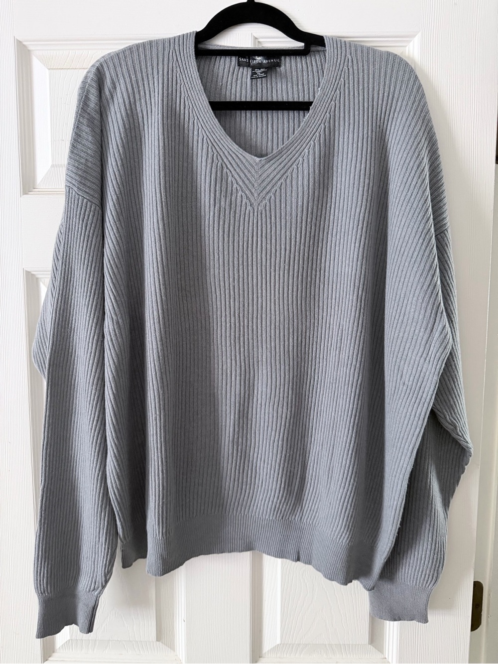 Saks Fifth Avenue Light Gray Ribbed V-Neck Sweater